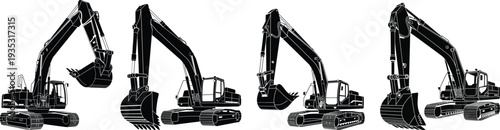 Black silhouette of excavators in different poses on a white background