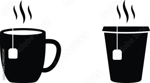 Hot Tea Cup Icon Set with Steam and Teabag Tag, Coffee Mug and Paper Cup Silhouette Collection