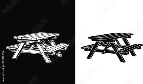 Hand Drawn Woodcut Style Illustration of a Classic Wooden Picnic Table with Benches Set, Isolated Vector Graphics in Black and White Vintage Engraving Aesthetic