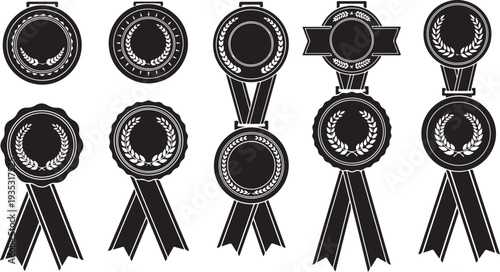 Set of Black and White Award Ribbons and Badges