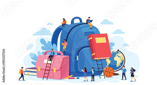 Students and educators engaging with large backpacks and educational materials in a graphic illustration