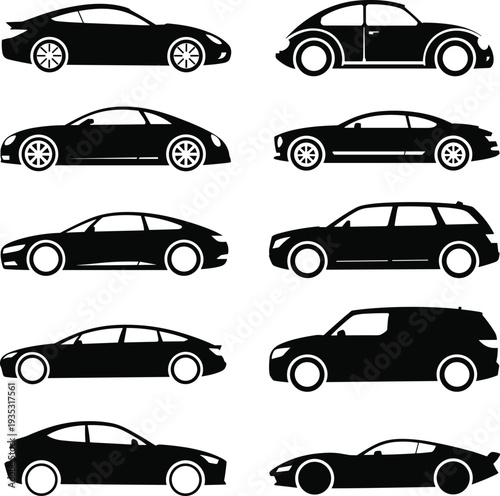 Collection of black car silhouettes from various angles on a white background, showcasing different types of vehicles