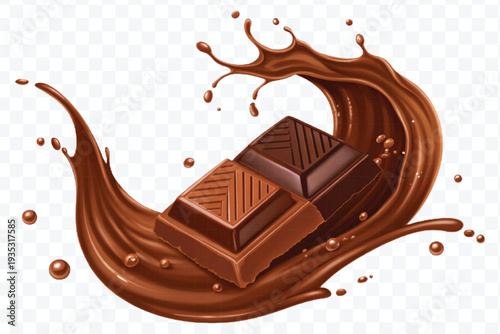 abstract 3d chocolate bars into liquid chocolate splash in different style isolated on transparent background