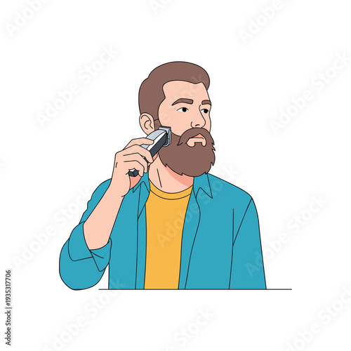 Man shaving beard with electric trimmer while looking in mirror  