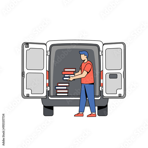 Man loading books into a delivery van with open rear doors  