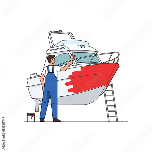 Man painting a boat with red color while standing on ladder  