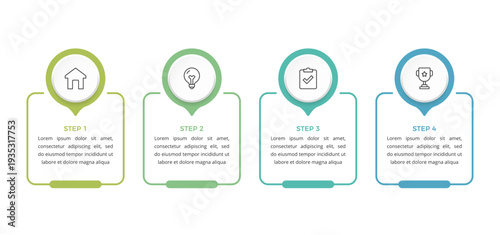 Infographic template with four steps with icons and linear frames for text