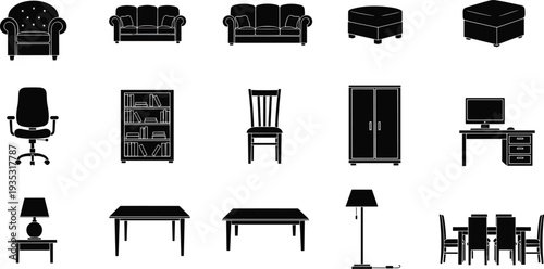 Comprehensive Silhouette Collection of Modern Home and Office Furniture Icons Including Seating Tables Storage Solutions and Interior Design Decor Elements
