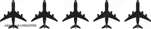 Five black silhouette airplanes on white background silhouettes five planes