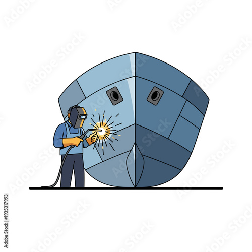 Welder repairing boat hull with welding torch in industrial setting  