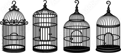 Vintage birdcage silhouette set with decorative wire frames, antique hanging bird cages vector icons isolated on white background for design (20 words)