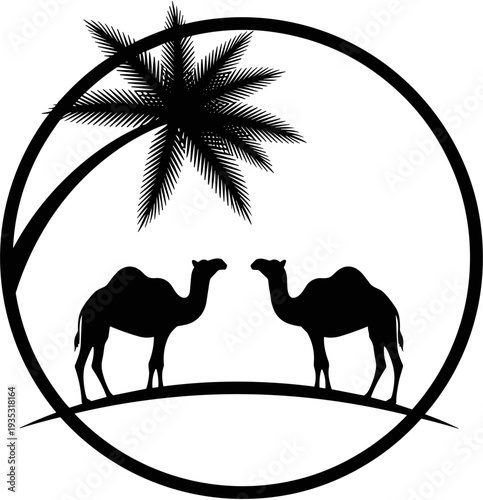 Camel silhouette set with palm tree in circle, desert landscape animal vector icon, middle east safari travel isolated on white (20 words)