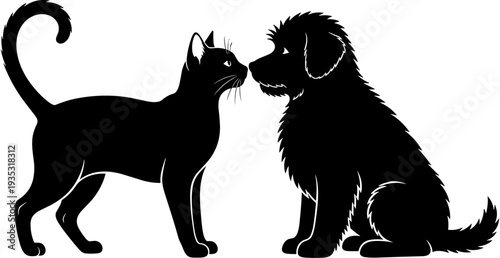 Black cat and fluffy dog silhouette, domestic pets touching noses, kitten and puppy friendship, veterinary care icons on white background.