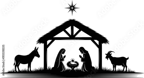 Christmas Nativity Scene Silhouette Vector with Mary Joseph Baby Jesus in Manger Holy Night Stable Donkey Goat and Star