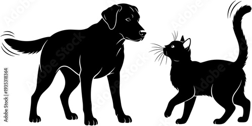 Black silhouette vector illustration of a dog and cat standing together, perfect for pet shop logos, veterinary clinics, and animal welfare.
