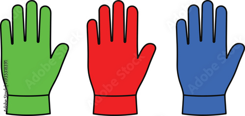 Colorful safety gloves set green red blue hand protection equipment vector illustration for industrial work cleaning gardening and personal protective use
