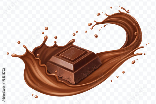 abstract 3d chocolate bars into liquid chocolate splash in different style isolated on transparent background