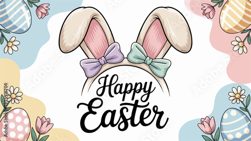 Easter bunny ears with ribbons and colorful eggs flowers happy easter text festive holiday design