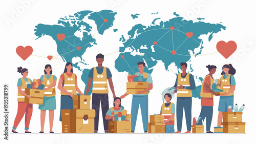 Diverse group of people holding boxes and standing in front of a world map with hearts symbolizing global charity and volunteer work