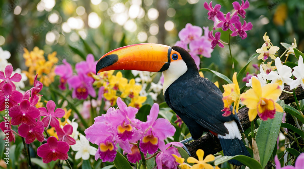 Obraz premium Toucan Among Colorful Orchids in Lush Tropical Rainforest Garden Setting