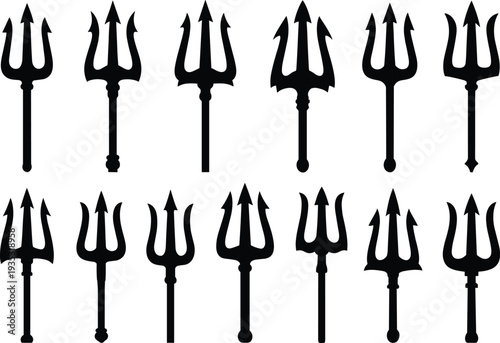 Collection of twelve unique trident silhouettes with varied prong designs, handles, and bases for mythological, symbolic, and artistic vector art