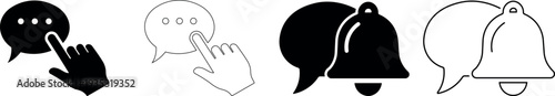 Notification outline icon set speech bubble with hand and bell solid black vector silhouette isolated on transparent background
