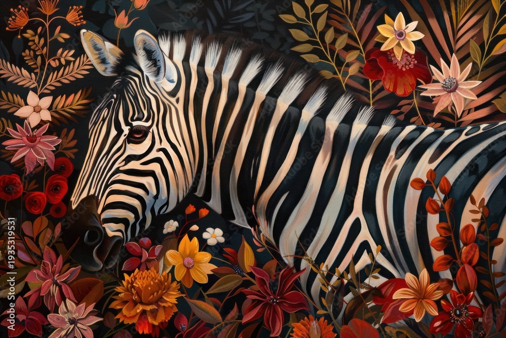 Fototapeta premium Zebra head with black and white stripes surrounded by colorful blooming flora and leaves