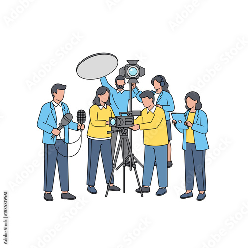 Film crew working together on set with cameras and microphones  