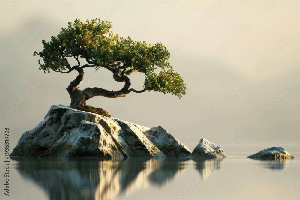 Obraz premium Bonsai tree growing on a rocky islet with a calm water reflection, creating a zen atmosphere