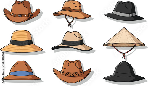 Different Hat Styles Collection Vector Set with Cowboy Fedora Straw and Asian Conical Hats Illustration