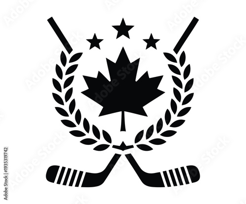 Canada hockey logo design, sporty emblem featuring crossed hockey sticks, maple leaf, stars and laurel wreath symbolizing championship victory and national pride.
