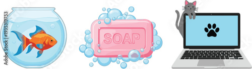Cute Everyday Objects Vector Set with Goldfish Bowl Soap Bar and Cat Sitting on Laptop Illustration