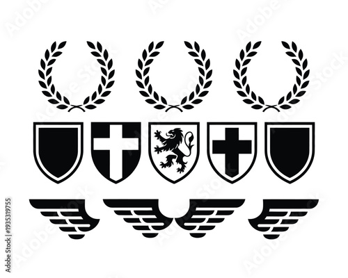Heraldic emblem illustration set, black vector collection of shields, laurel wreaths, crosses, lion crest, and wings representing honor, victory, heritage symbols, and classic badge design elements