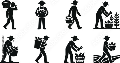 Farmer carrying basket and harvesting vegetables silhouette icon set