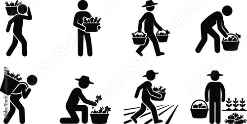 Farmer agricultural worker harvesting crops silhouette icon set