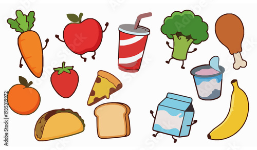 Playful Cartoon Food and Drink Icons Vector Set Healthy Grocery Clipart Illustration
