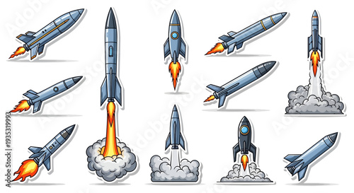 Set of cartoon space rocket and airplane vector illustrations featuring flight transport icons for sky travel and aircraft design