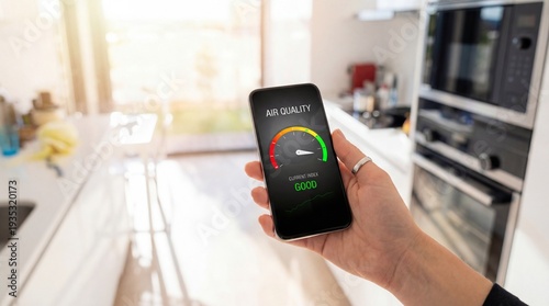 Tableau sur toile Close-up of a hand holding a smartphone with an air quality monitoring app, showing a 'Good' index in a modern, bright kitchen interior
