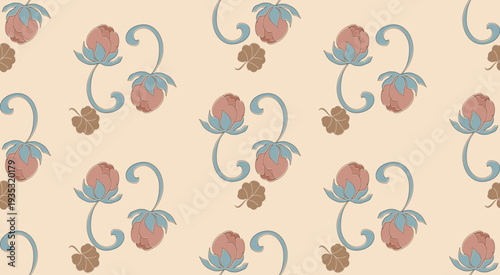 Folk botanical gentle vintage seamless pattern flowing curves floral design.