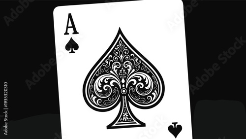 Ornate black and white Ace of Spades playing card with intricate floral filigree patterns isolated on a dark background for gambling and poker design.
