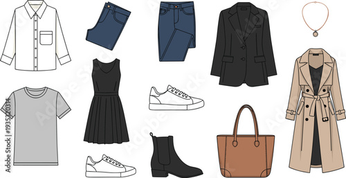 Clothing and accessories illustration featuring shirt, jeans, blazer, dress, sneakers, boots, handbag, trench coat, necklace, and casual apparel items for fashion wardrobe design