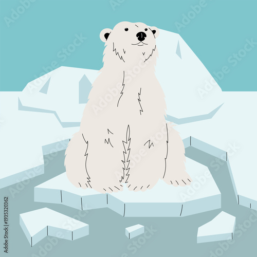 White polar bear sitting on ice floe in cold arctic ocean water. Flat illustration for global warming awareness banners, climate change posters, arctic nature graphics or winter season decoration