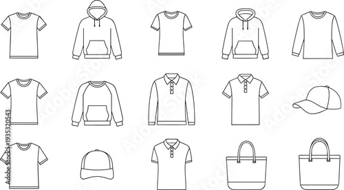 Clothing and accessory icon illustration featuring shirts, hoodies, sweatshirts, polo shirts, caps, and tote bags, showcasing fashion apparel design and wardrobe graphics