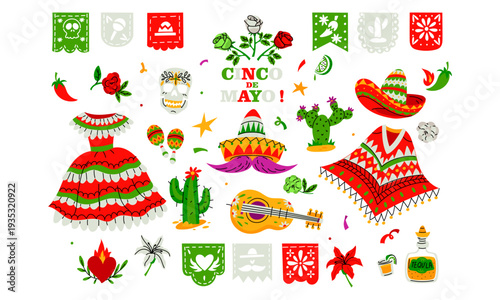 Large set of Mexican fiesta elements for Cinco de Mayo celebration isolated on white background. Flat illustration for holiday posters, party invitations, festival banners or cultural icons