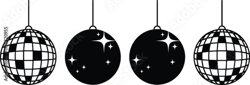 Set of black and white disco ball vector icons with mirrored grid and sparkling light effects for retro party dance club and nightlife design