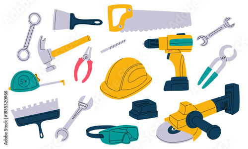Large set of construction and repair tools isolated on white background. Flat illustration for hardware store banners, DIY workshop posters, renovation service icons or building industry graphics