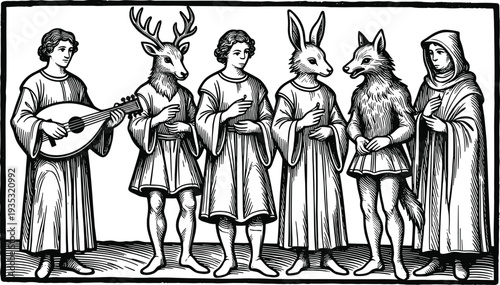 Medieval woodcut style illustration of a lute player and hooded figure standing with anthropomorphic people wearing deer stag rabbit and fox animal masks
