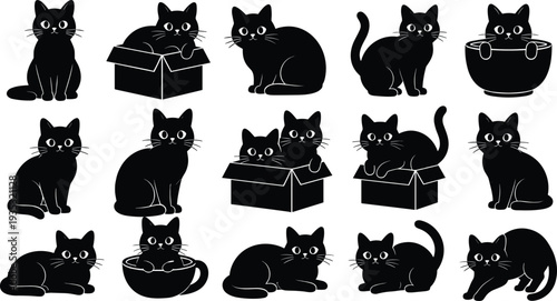 Set of black cat silhouette icons featuring cute kittens sitting in boxes, playing in cups, and stretching isolated on white background for vector design