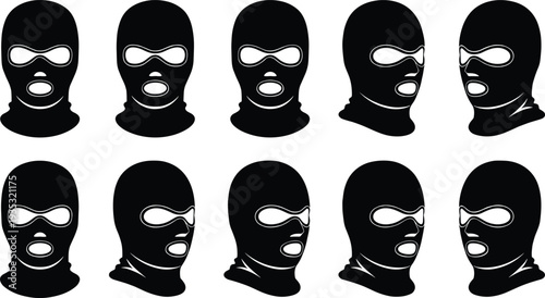 Set of Black Balaclava Vector Silhouettes with Different Head Angles and Perspectives for Security Crime Tactical Gear Winter Sports and Thief Mask 