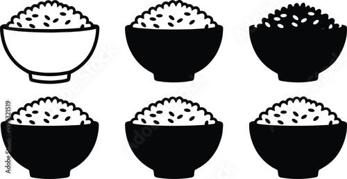 Set of six minimalist rice bowl icons featuring diverse graphic styles including outline, solid black silhouette, and inverted grain textures for versatile digital design.